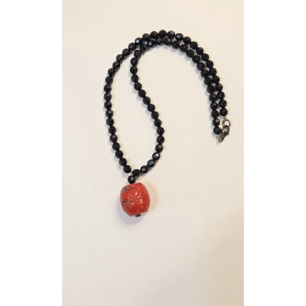 Vintage Carved Red Coral Pendant & Black Onyx Statement Necklace Sterling Silver
